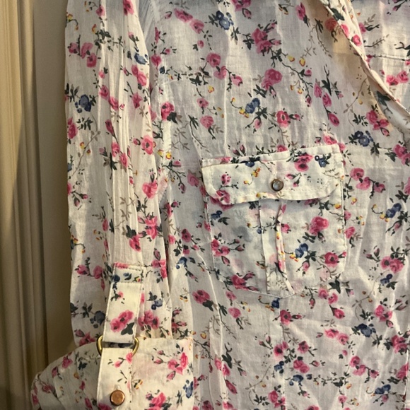 MAGAZINE lightweight cotton convertible long short sleeve floral blouse button M - Picture 3 of 15